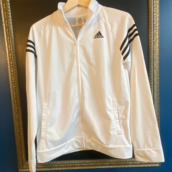 Adidas Jacket Boys Large Size 18/20 White & Black 3 stripe - Picture 1 of 7
